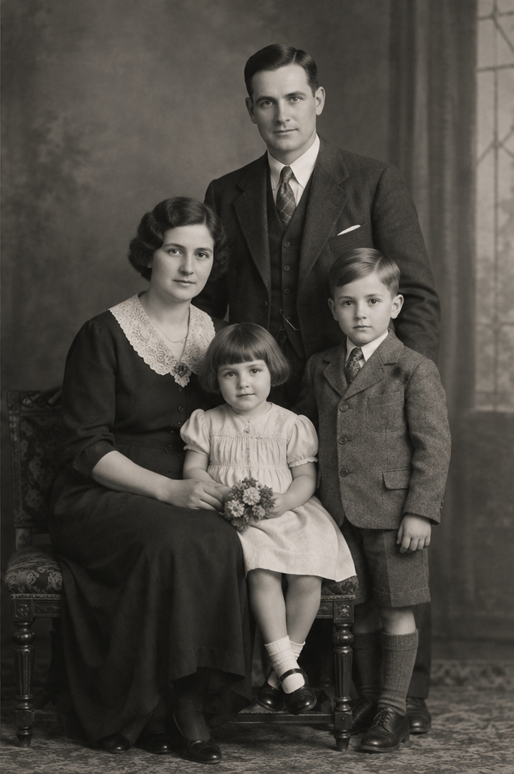 Studio portrait, family of four, after restoration