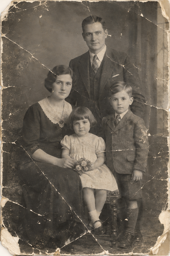 Studio portrait, family of four, before restoration