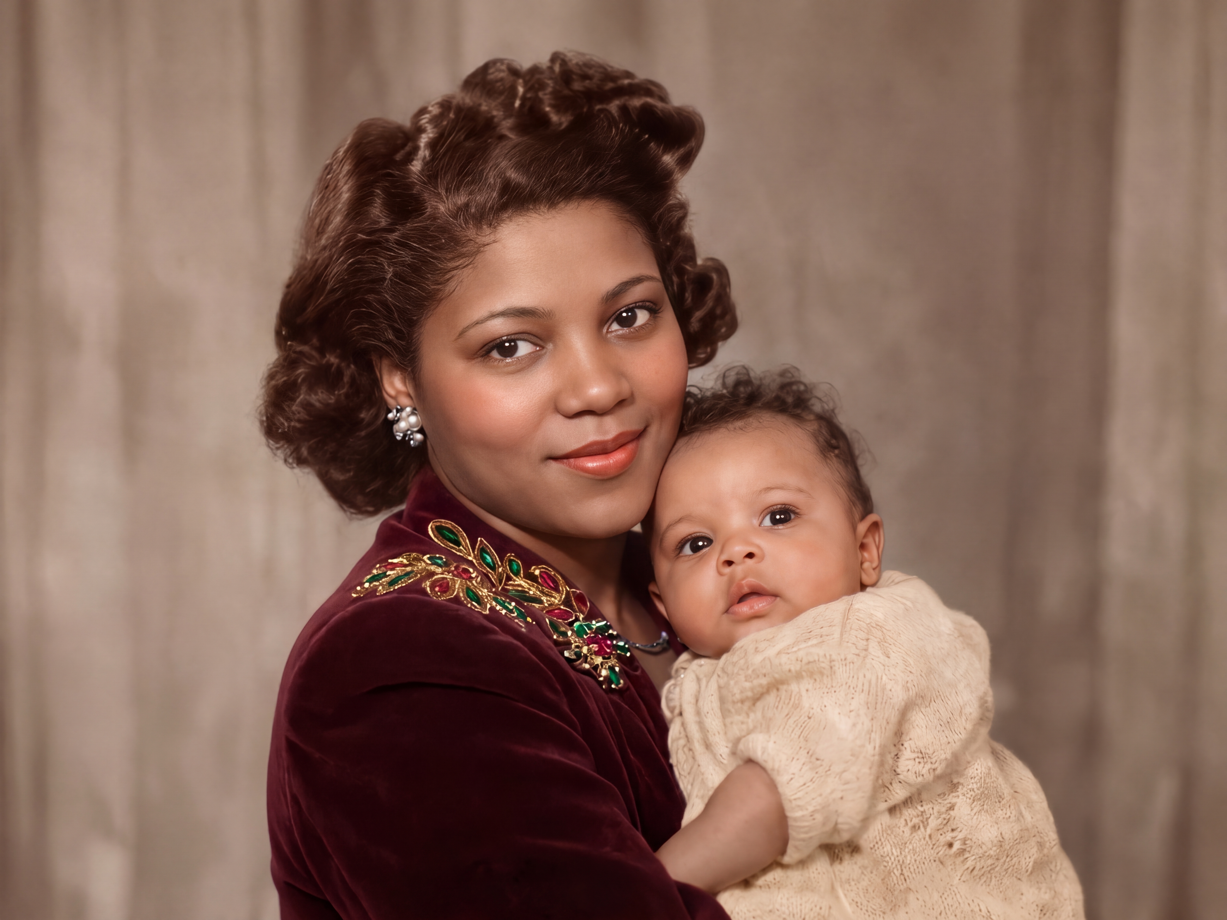 Mother and child, colourised, after restoration